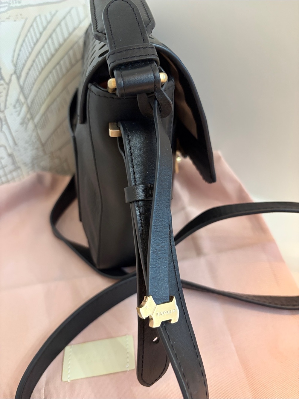 RADLEY LONDON Black Leather Crossbody with Cream Floral Cutouts and Gold Lock - Picture 5 of 16